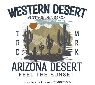 Western desert vintage graphic print design. Arizona desert vibes artwork for t shirt print, poster, sticker, background and other uses.