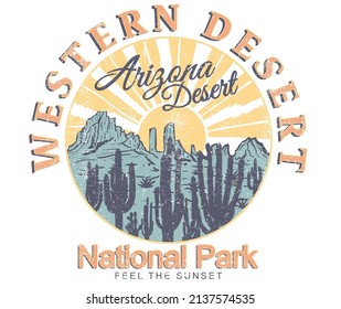 Western desert vintage print design for t shirt and others. national park  mountain graphic print for sticker. 