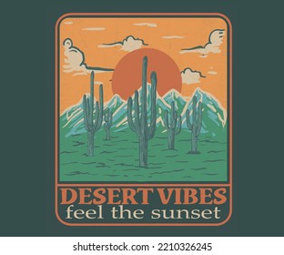 Western desert vintage print design for t shirt and others. Mountain graphic print for sticker.