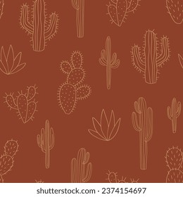 Western desert wild spiny plant cactus line art vector seamless pattern. Groovy wild west botanical background.