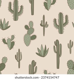 Patrón de cactus vectorial sin fisuras de la planta espinosa del desierto occidental. Fondo botánico del oeste salvaje de Groovy.