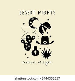 Western design elements  and desert nights quote, design print element for poster, t shirt