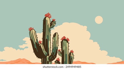 Paisaje seco del desierto occidental Cactus Cowboy Vinos Naturaleza Paisaje Vector Ilustración de fondo