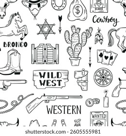 Western doodle seamless pattern. Wild west style, cowboy world sketch design. Fabric wallpaper wrapping print, neoteric vector background