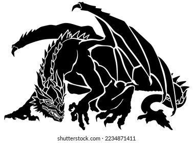 Western Dragon. Black silhouette. Classic European mythological creature with bat-type wings. Sitting pose. Graphic style isolated vector illustration