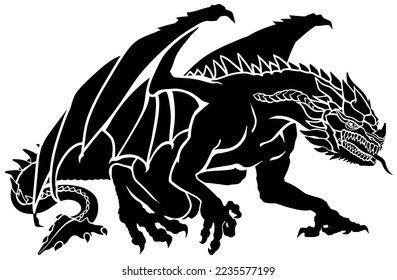 Western Dragon. Black silhouette. Classic European mythological creature with bat-type wings. Sitting pose. Graphic style isolated vector illustration