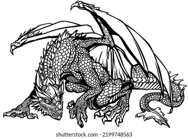 Western Dragon. Classic European mythological creature with bat-type wings. Sitting pose. Graphic style isolated vector illustration