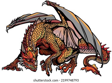 Western Dragon. Classic European mythological creature with bat-type wings. Sitting pose. Graphic style isolated vector illustration