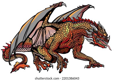 Western Dragon. Classic European mythological creature with bat-type wings. Sitting pose. Graphic style isolated vector illustration