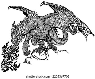 Western Dragon. Classic European mythological creature with bat-type wings standing on the rock and breathing fire. Graphic style isolated vector illustration. Black and white