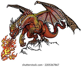 Western Dragon. Classic European mythological creature with bat-type wings standing on the rock and breathing fire. Graphic style isolated vector illustration