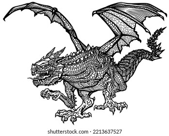 Western Dragon. Classic European mythological creature with open bat-type wings.Aggressive mystic animal in attacking pose. Front view. Black and white graphic style isolated vector