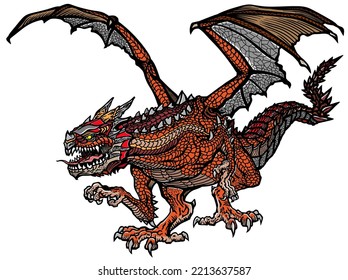 Western Dragon. Classic European mythological creature with open bat-type wings.Aggressive mystic animal in attacking pose. Front view. Graphic style isolated vector illustration