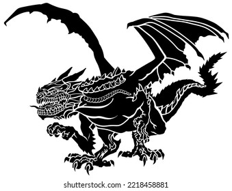 Western Dragon silhouette. Classic European mythological creature with open bat-type wings.Aggressive mystic animal in attacking pose. Front view. Black and white graphic vector illustration 