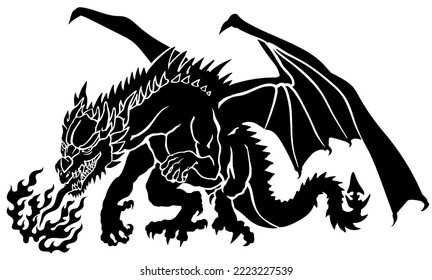 Western Dragon. Silhouette. Classic European mythological creature with bat-type wings standing on the rock and breathing fire. Graphic style isolated vector illustration. Black and white