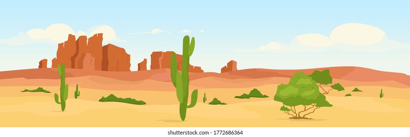 Western dry desert at day time flat color vector illustration. Wasteland travel destination. Wilderness morning scenery. Wild west 2D cartoon landscape with cactus and canyons on background