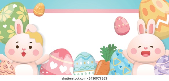 Western Easter elements, cute rabbit and painted eggs, traditional religious activities, vector poster