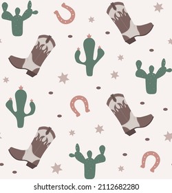 Western elements seamless pattern with cowboy boots, cactuses, horseshoes and sheriff badges. Vector flat style background.