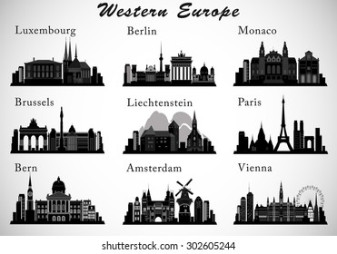 Western Europe Cities skylines set. Vector silhouettes 