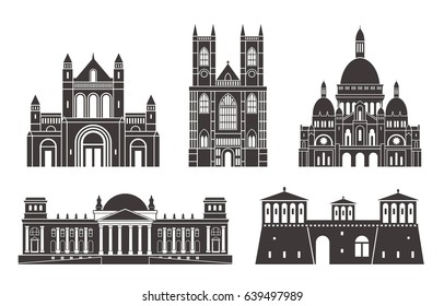 Western Europe. Isolated European buildings on white background