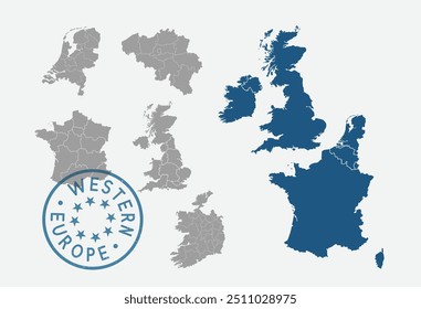 Mapa de Europa Occidental. Francia, Gran Bretaña, Irlanda, Bélgica, Países Bajos mapas con regiones. Mapa de Europa aislado sobre fondo blanco. Alto y detallado. Ilustración vectorial	