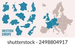 Western Europe map. Germany, Netherland, Belgium, Luxemburg, Austria, Switzerland, France, Monaco, Lieehtenstein, Ireland, Great Britain maps with regions. Europe map isolated on white background.