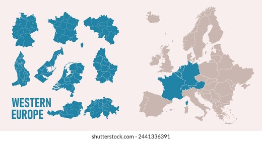 Western Europe map. Germany, Netherland, Belgium, Luxemburg, Austria, Switzerland, France, Monaco, Lieehtenstein maps with regions. Europe map isolated on white background. High detailed. svg