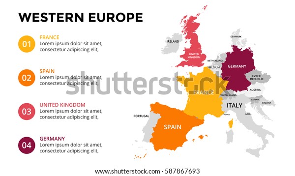 西ヨーロッパの地図インフォグラフィック スライドプレゼンテーション グローバルなビジネスマーケティングのコンセプト 色の国 世界の交通情報グラフィックスデータ 経済統計テンプレート のベクター画像素材 ロイヤリティフリー