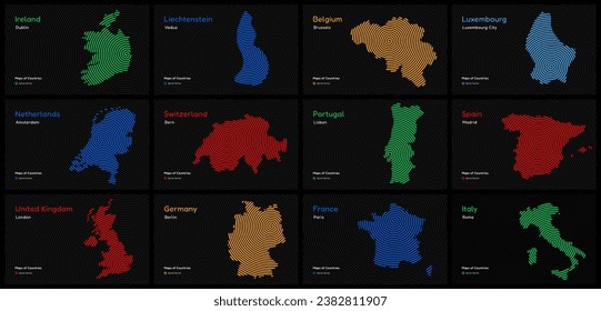 Western European countries set. Ireland, Spain, Portugal, Italy, Belgium, France, Luxembourg, Netherlands, Switzerland, UK, Liechtenstein, Germany. World Countries maps. Spiral fingerprint series