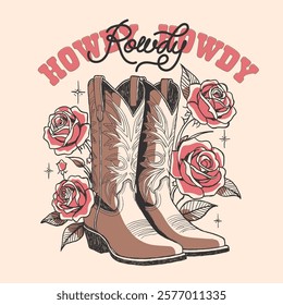 western fashion print with Cowgirl boots. Cowboy western and wild west culture. Hand drawn retro vector poster. girls graphics. summer print design. desert cowgirl t shirt design