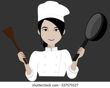 western female chef holding frying pan and spatula.vector illustration