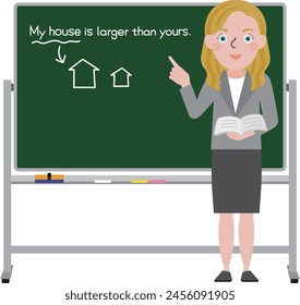 A Western female teacher standing in front of a mobile blackboard and teaching an English class