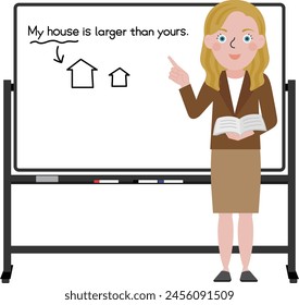 A Western female teacher teaching an English class while standing in front of a mobile whiteboard with a black frame