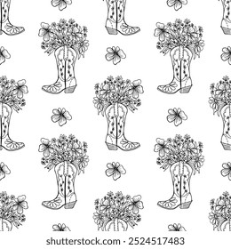 Western floral illustration. Cowgirl boots with flowers black outline seamless pattern.