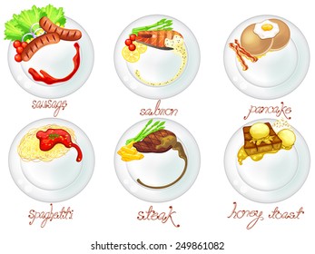 Western food and dessert in white dishes icon set, create by vector