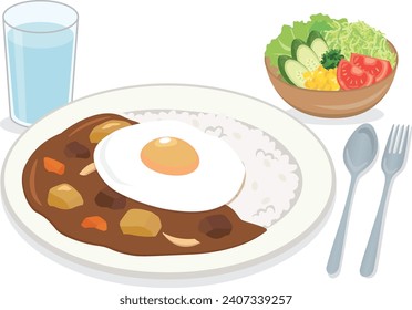 Western food
Egg curry rice set (fried egg topped) with salad