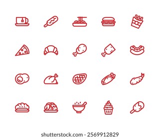 Western Food Icon Theme with Colored Outline Style. 