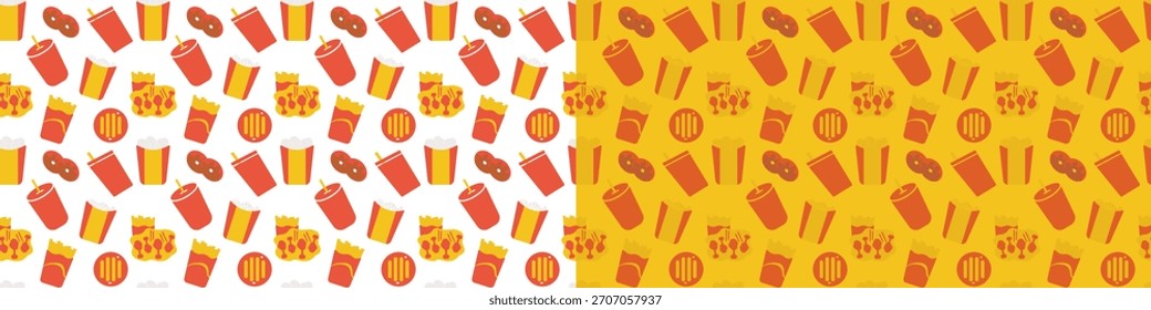 Patrón de comida occidental para empaquetado: ilustración perfecta de hamburguesas, patatas fritas, pizza, refrigerios y bebidas para la marca
