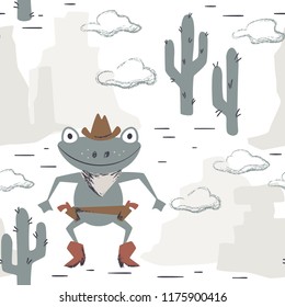 Western frog baby seamless pattern. Wild west animal with hat, boot, gun. Scandinavian cactus cute print. Cool illustration for nursery t-shirt, kids apparel, invitation cover, child background design