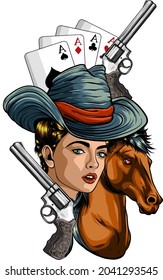 Western Girl With Revolver And Head Horse