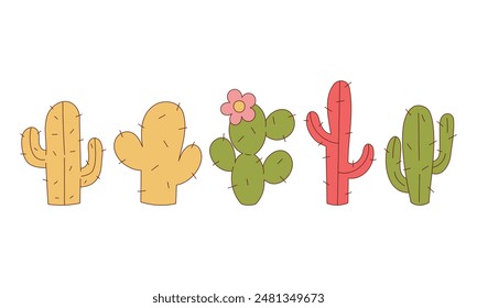 Western Groovy Vintage Cactus Collection. Editable Stroke Vector Illustration.