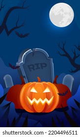 Western Halloween, night graveyard scene with jack-o-lanterns in front and old castle in background, vector illustration