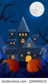 Western Halloween, night graveyard scene with jack-o-lanterns in front and old castle in background, vector illustration