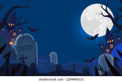 Western Halloween, night graveyard scene with jack-o-lanterns in front and old castle in background, vector illustration