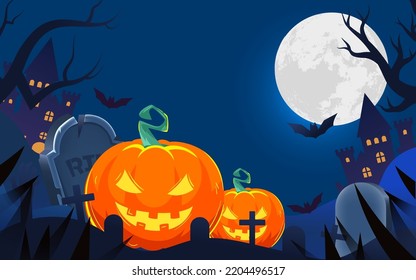 Western Halloween, night graveyard scene with jack-o-lanterns in front and old castle in background, vector illustration