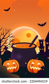 Western Halloween, night graveyard scene with jack-o-lanterns in front and old castle in background, vector illustration