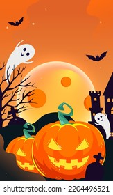 Western Halloween, night graveyard scene with jack-o-lanterns in front and old castle in background, vector illustration