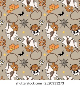 Western Halloween Seamless Pattern Cowboy Ghost Lasso Doodle Retro Groovy aislado en el fondo.