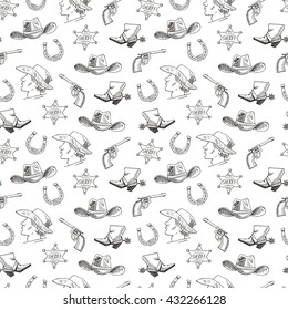 Western hand draw sketch vector seamless pattern. Western background.  Cowboy,  boots, 	hat, horsesho, colt