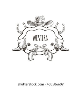 Western hand draw sketch vector frame. Western background.  Cowboy,  boots, 	hat, horseshoe, star, colt